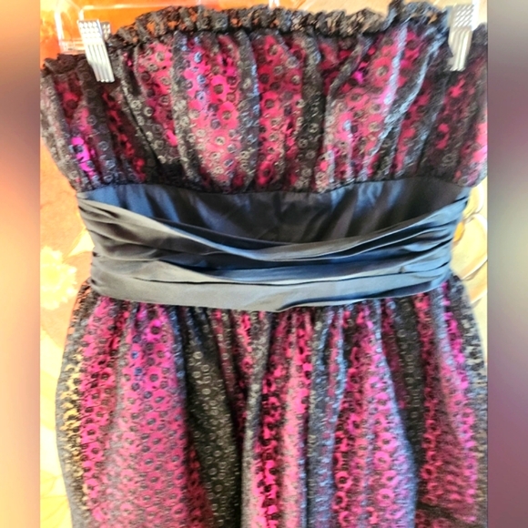 BETSEY JOHNSON Y2k Strapless Black Lace Hot Pink Satin Slip Zip Mini Dress - Picture 3 of 16